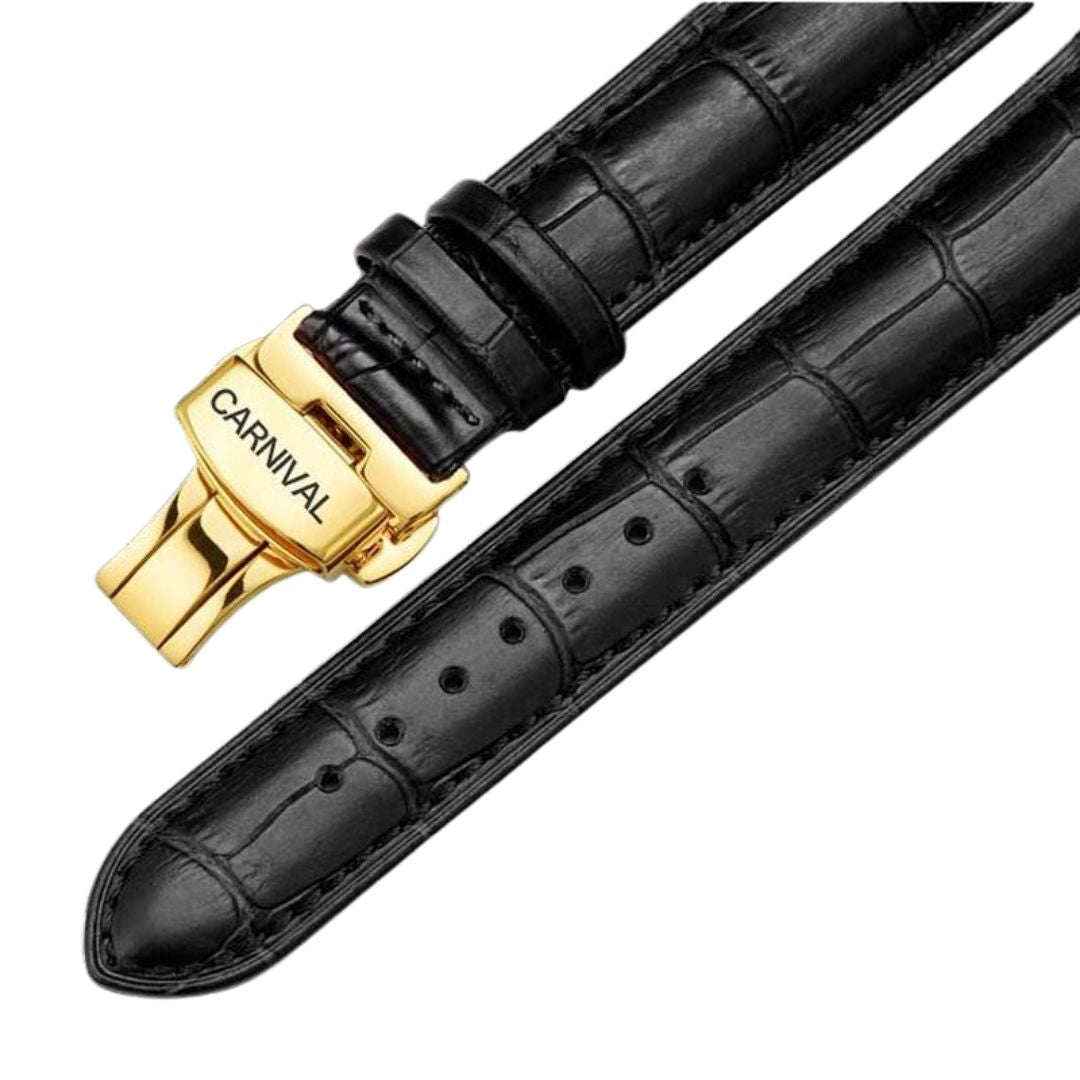Carnival 50801g Automatic Golden-Black Tone Stainless Steel Genuine Leather Strap Men’s Watch