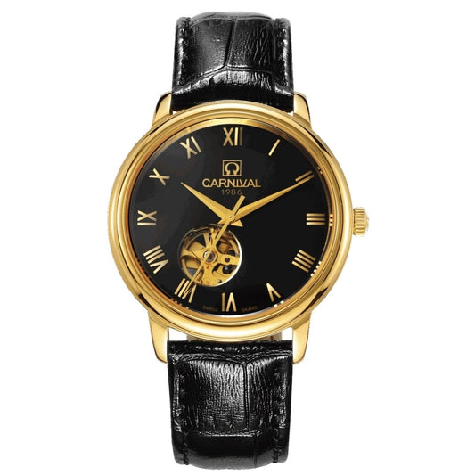Carnival 50801g Automatic Golden-Black Tone Stainless Steel Genuine Leather Strap Men’s Watch