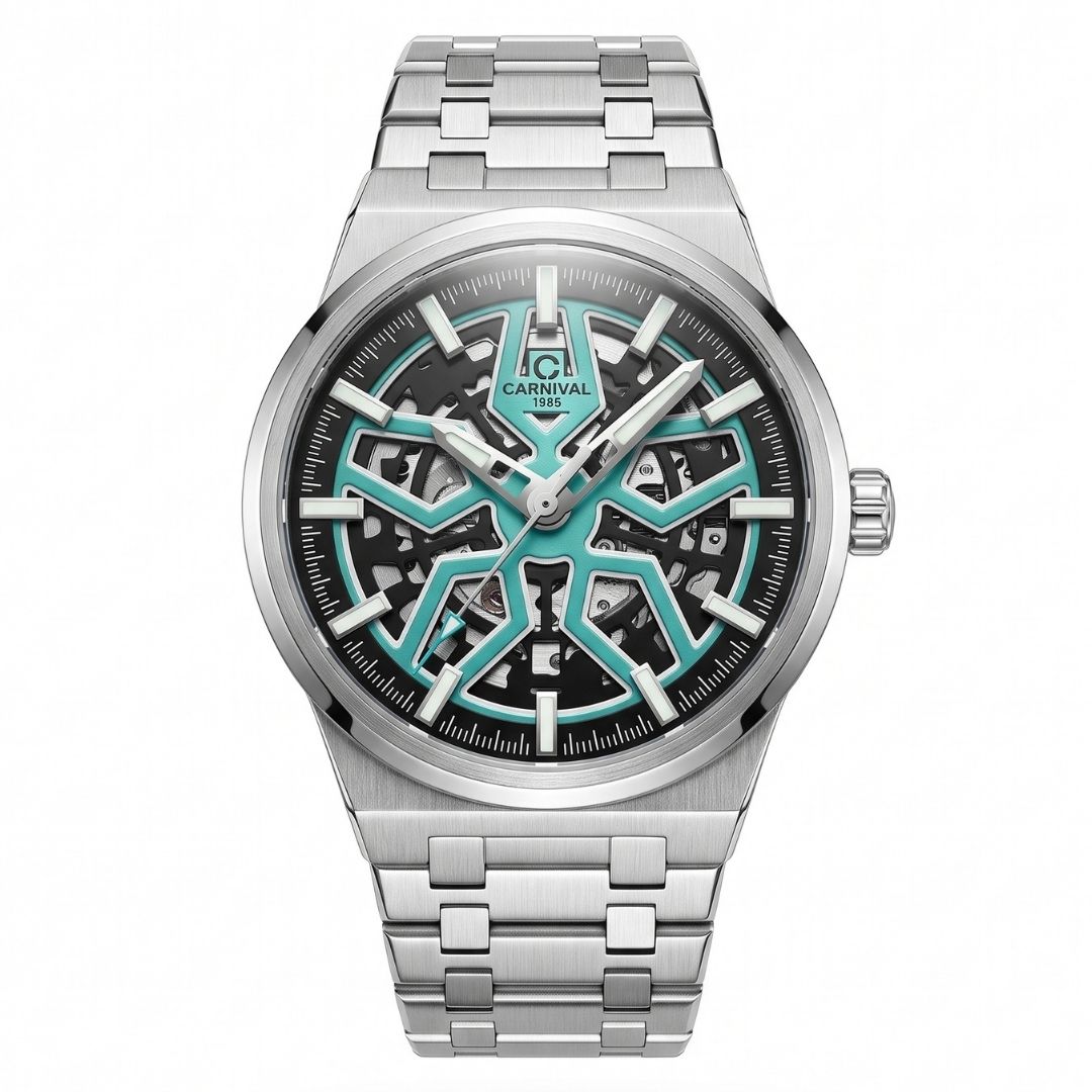 Carnival 8157G Automatic Skeleton Blue Dial Silver Tone Stainless Steel Chain Men’s Watch