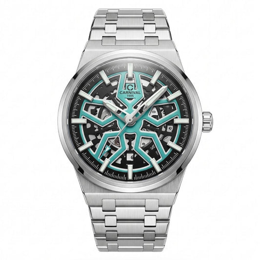 Carnival 8157G Automatic Skeleton Blue Dial Silver Tone Stainless Steel Chain Men’s Watch