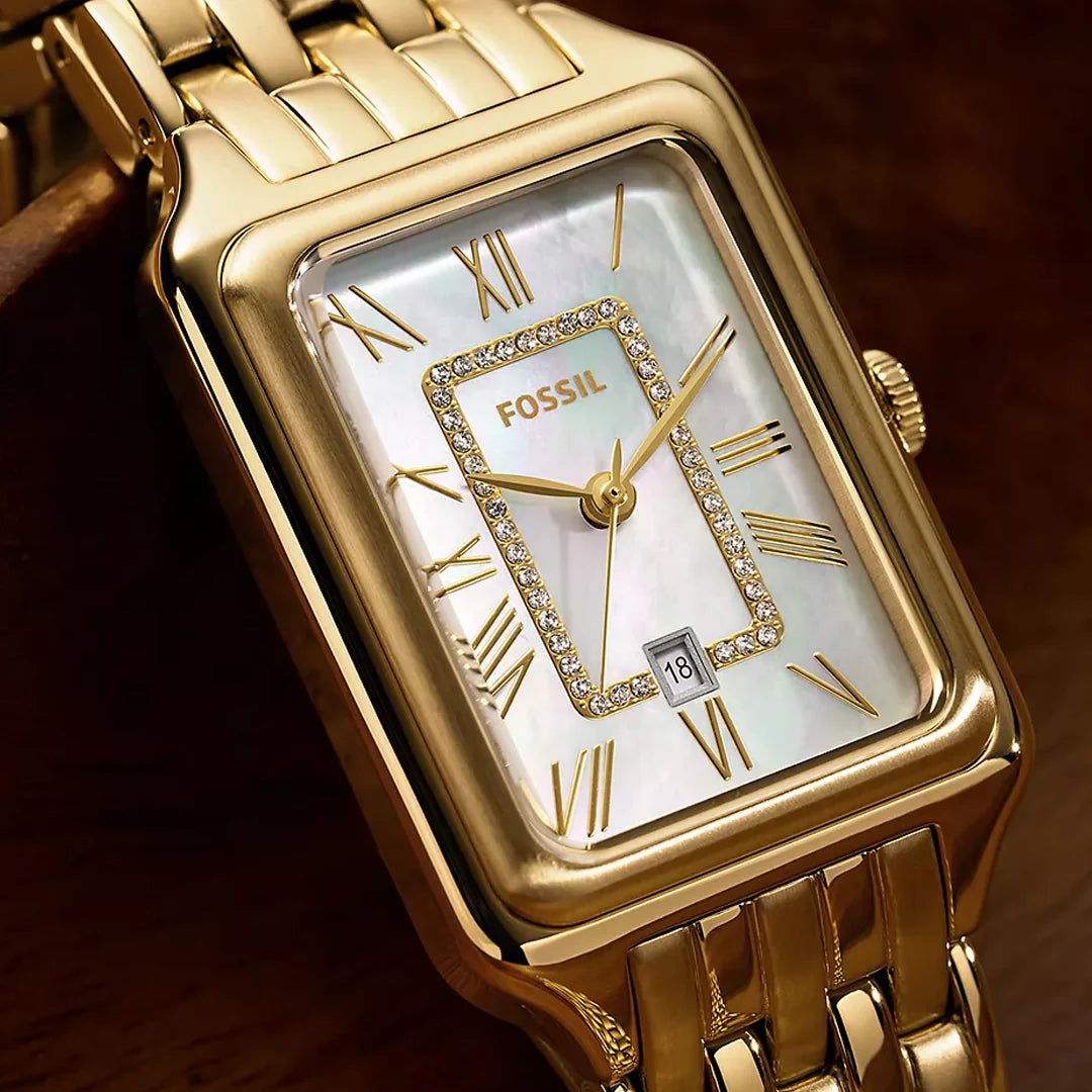 Fossil Raquel ES5304 Quartz Mother of Pearl Dial Stainless Steel Gold-Tone Chain Lady’s Watch
