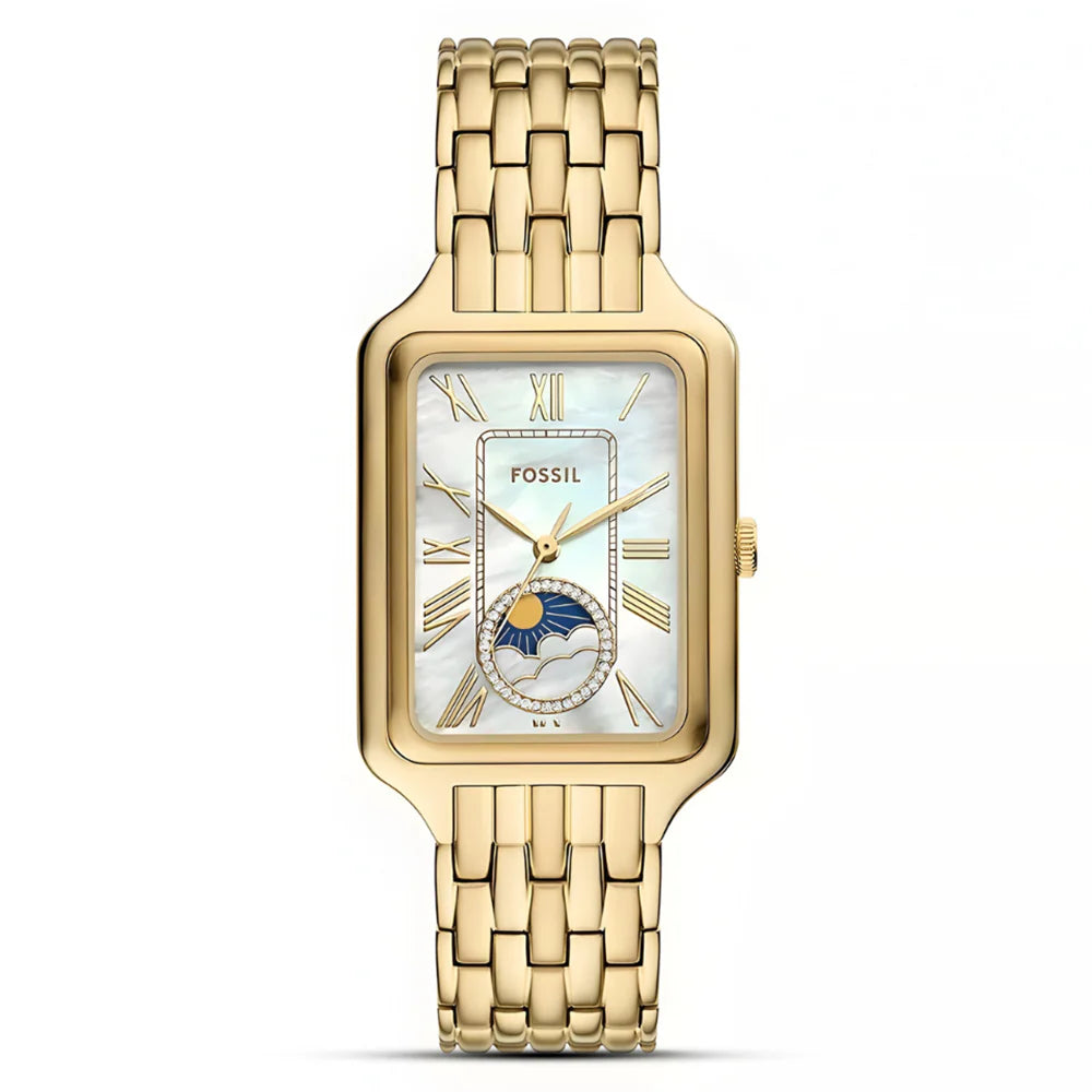 Fossil Raquel ES5398 Quartz Mother of Pearl - Moon Phase Dial Stainless Steel Gold-Tone Chain Lady’s Watch