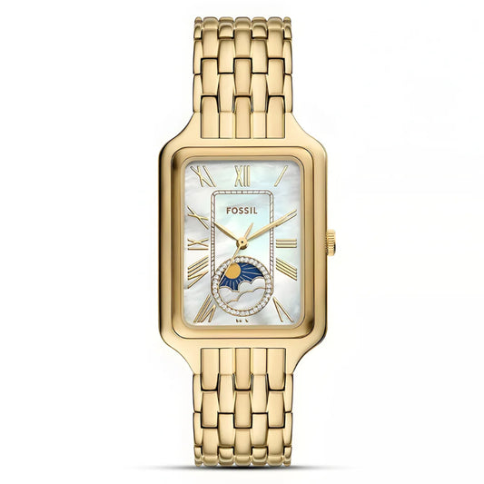 Fossil Raquel ES5398 Quartz Mother of Pearl - Moon Phase Dial Stainless Steel Gold-Tone Chain Lady’s Watch