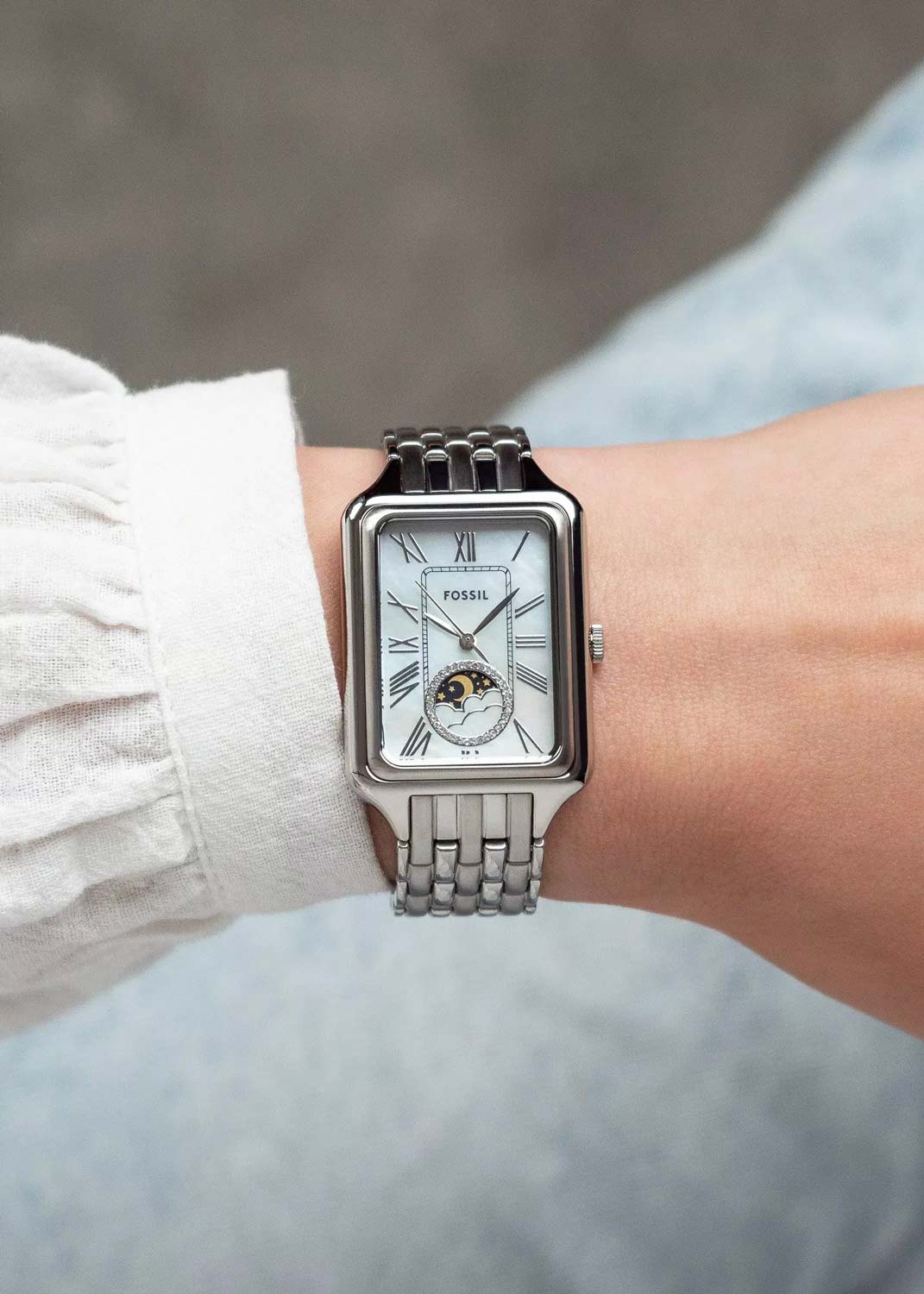 Fossil Raquel ES5400 Quartz Mother of Pearl - Moon Phase Dial Stainless Steel Chain Lady’s Watch