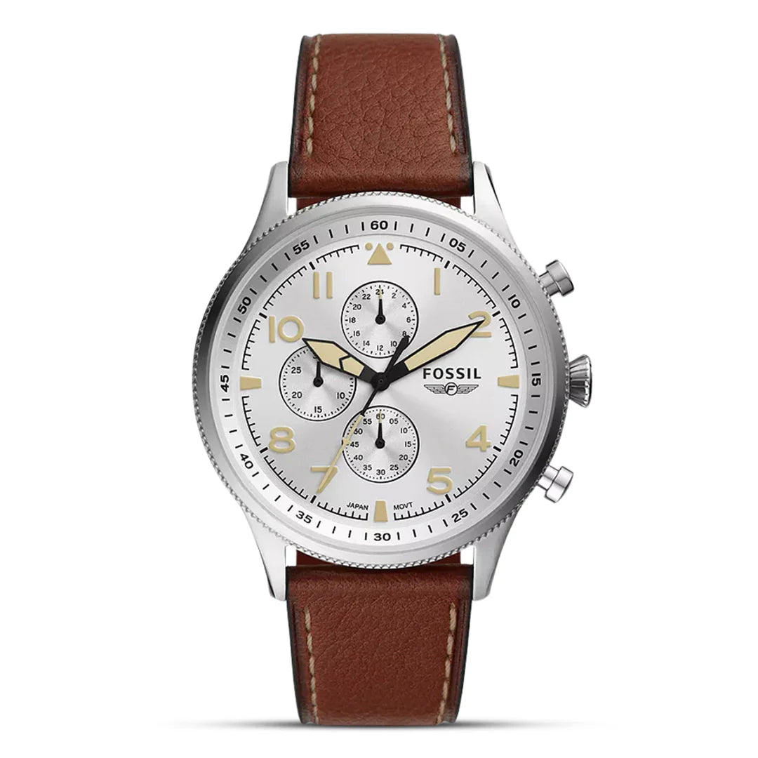 Fossil Retro Pilot FS5809 Chronograph Quartz Silver Dial Genuine Leather Strap Men’s Watch
