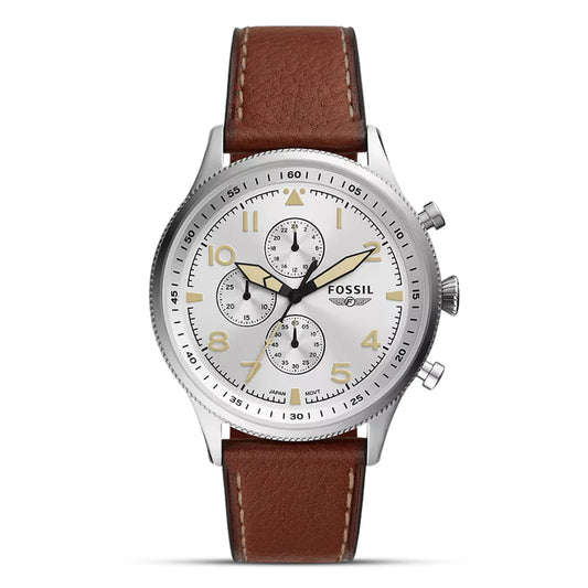 Fossil Retro Pilot FS5809 Chronograph Quartz Silver Dial Genuine Leather Strap Men’s Watch