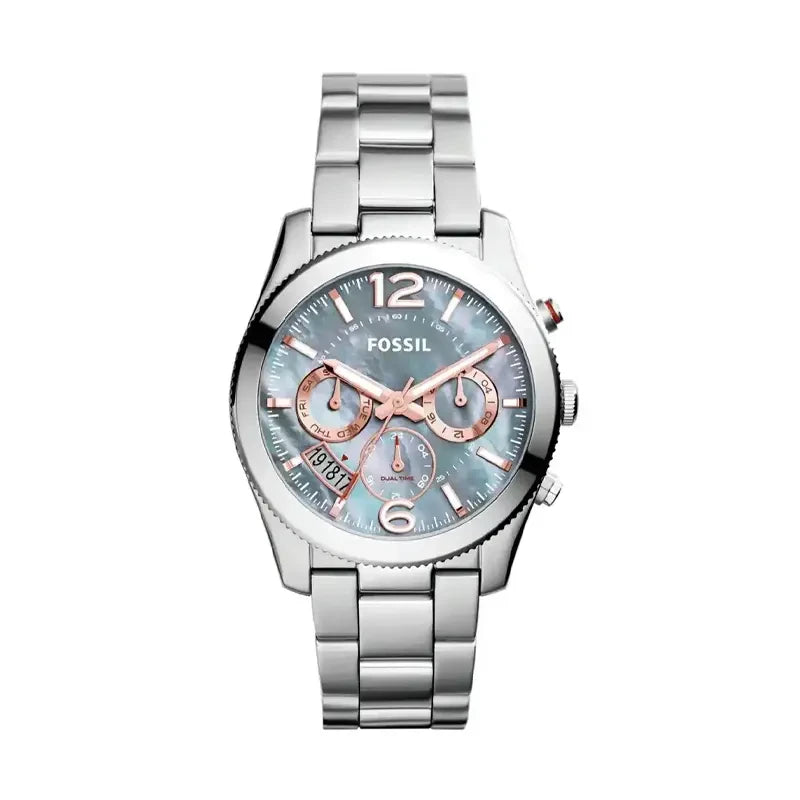 Fossil Perfect Boyfriend ES3880 Quartz Chronograph Mother of Pearl Blue Dial Stainless Steel Chain Women’s Watch
