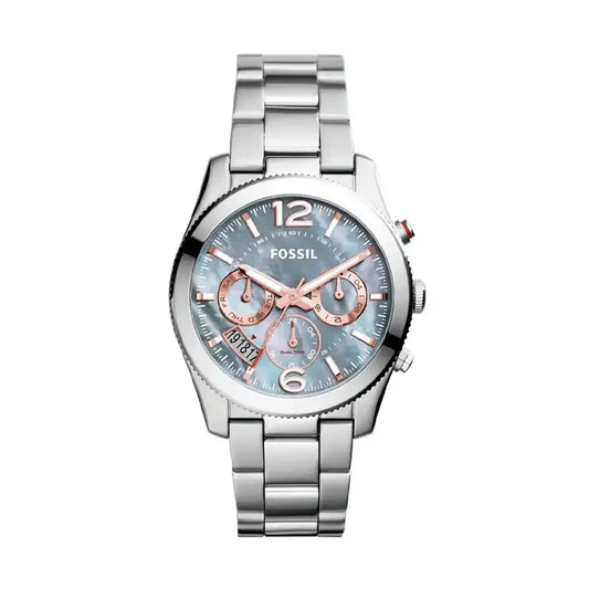 Fossil Perfect Boyfriend ES3880 Quartz Chronograph Mother of Pearl Blue Dial Stainless Steel Chain Women’s Watch