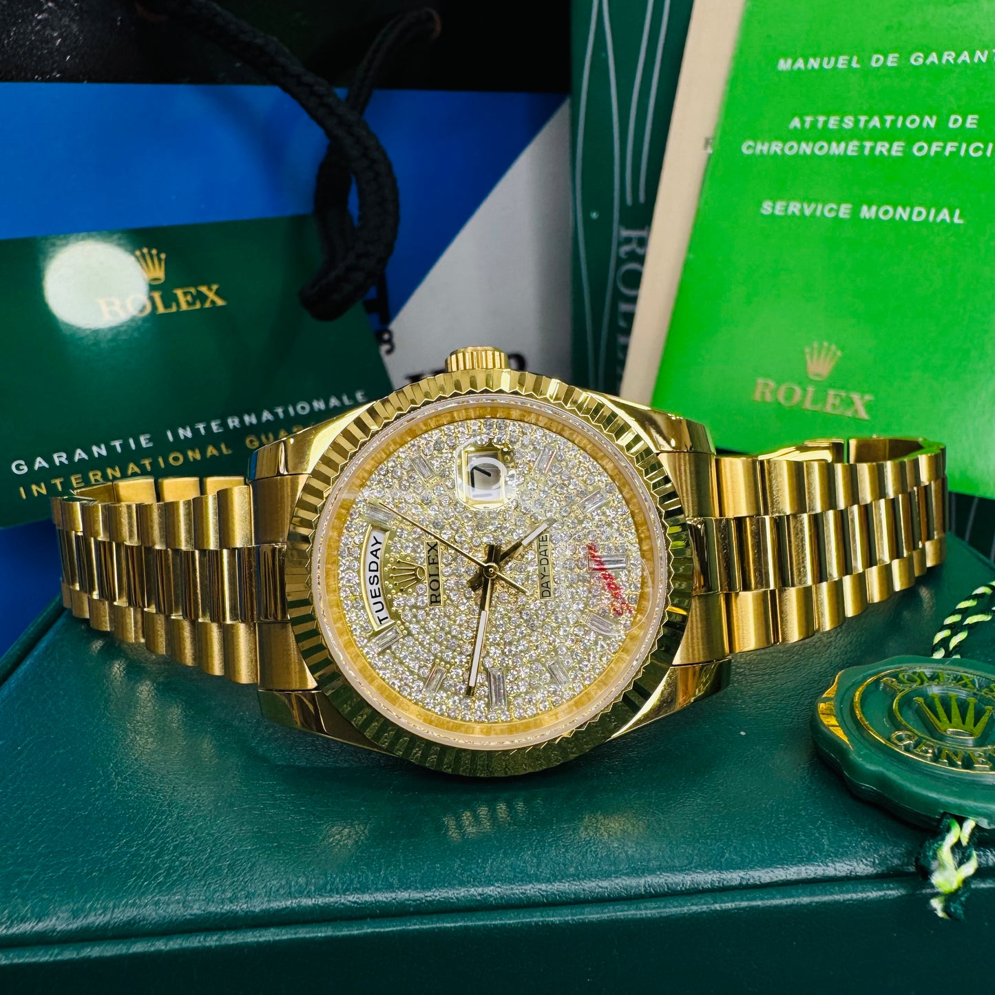 Rolex Day-Date Diamond-Paved Dial Fluted Bezel Automatic Golden Tone Stainless Steel President Chain Men’s Watch