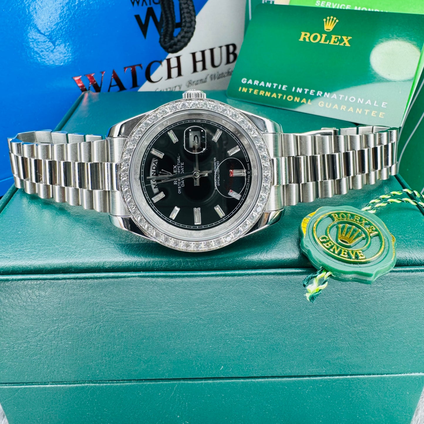 Rolex Day-Date Automatic Stone Bezel Silver-Tone Stainless Steel Chain Men’s Watch