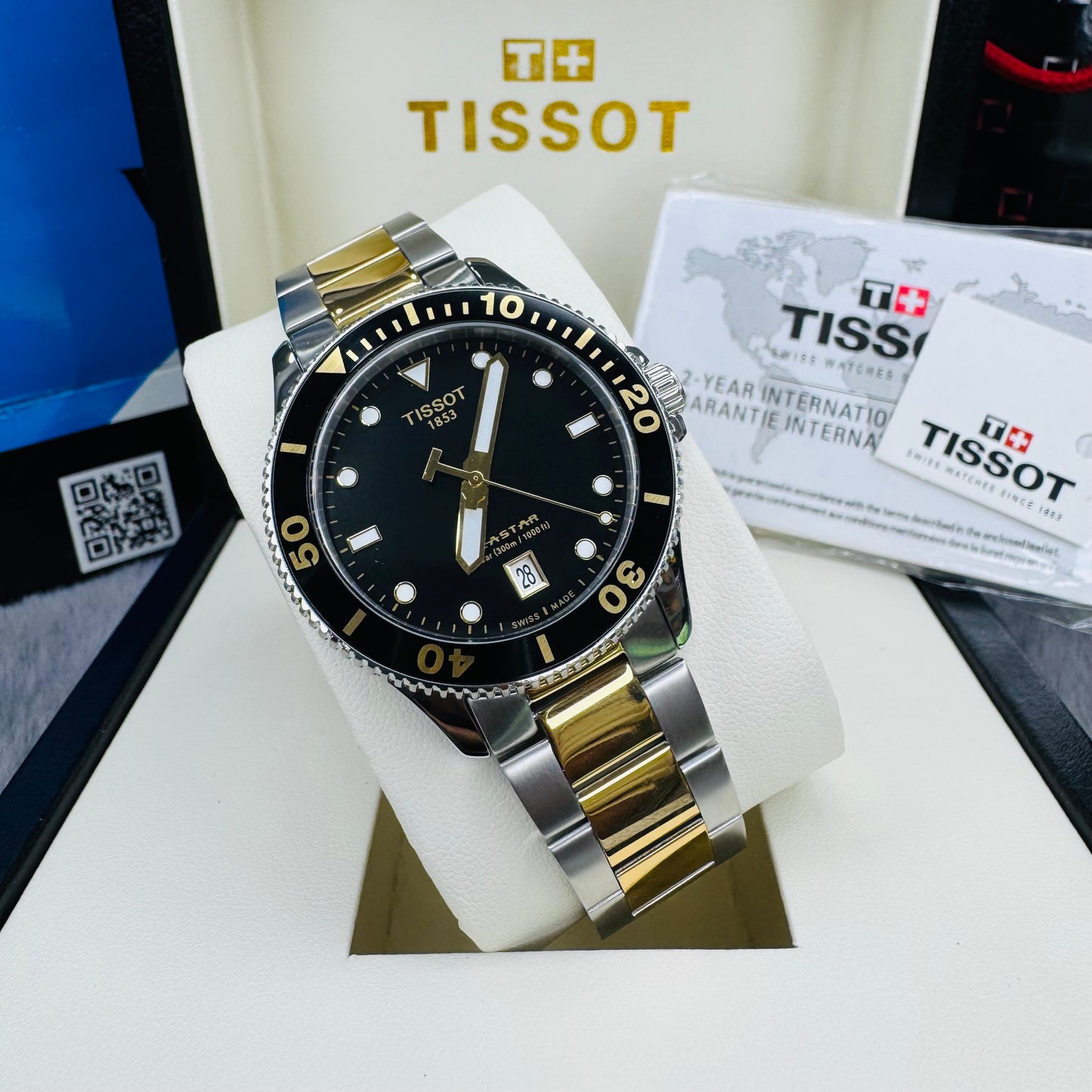 Tissot Seastar 1000 T-Sport Black Dial Quartz Silver-Gold Tone Stainless Steel Chain Men’s Watch