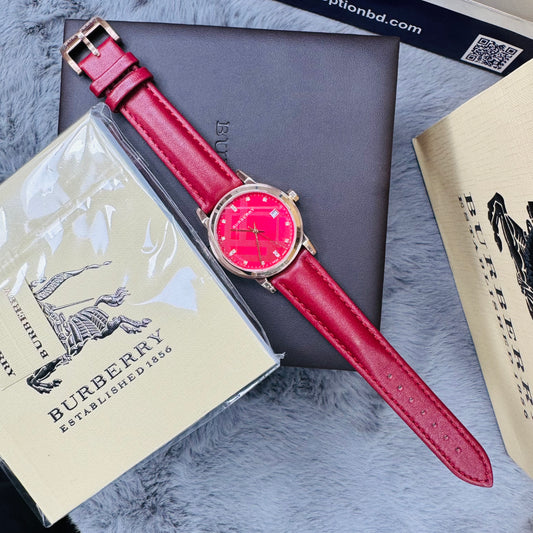 Burberry The Classic BU9146 Quartz Red Dial Stainless Steel Case Genuine Leather Strap Ladies Watch