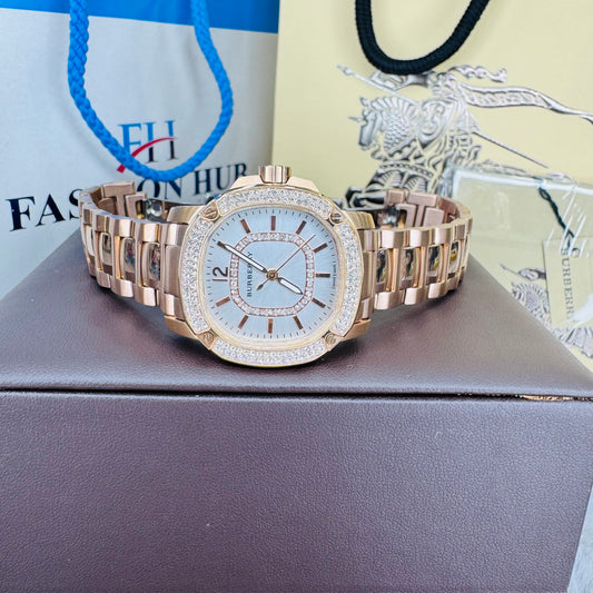Burberry BBY2000 The Britain White Dial Rose Gold Tone Stainless Steel Chain Ladies Watch
