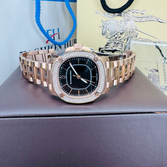 Burberry BBY2000 The Britain Black Dial Rose Gold Tone Stainless Steel Chain Ladies Watch