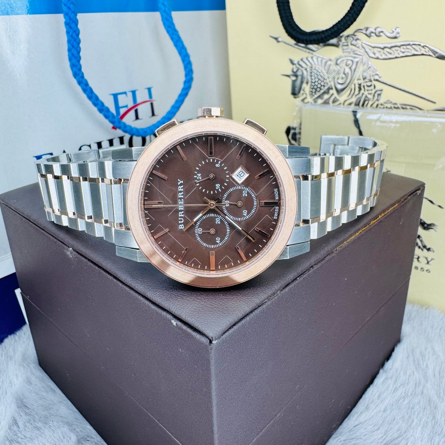 Burberry BU9351 Brown Dial Chronograph Quartz Two-Tone Stainless Steel Chain Men’s Watch