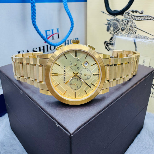 Burberry BU9351 Yellow Dial Chronograph Quartz Gold-Tone Stainless Steel Chain Men’s Watch
