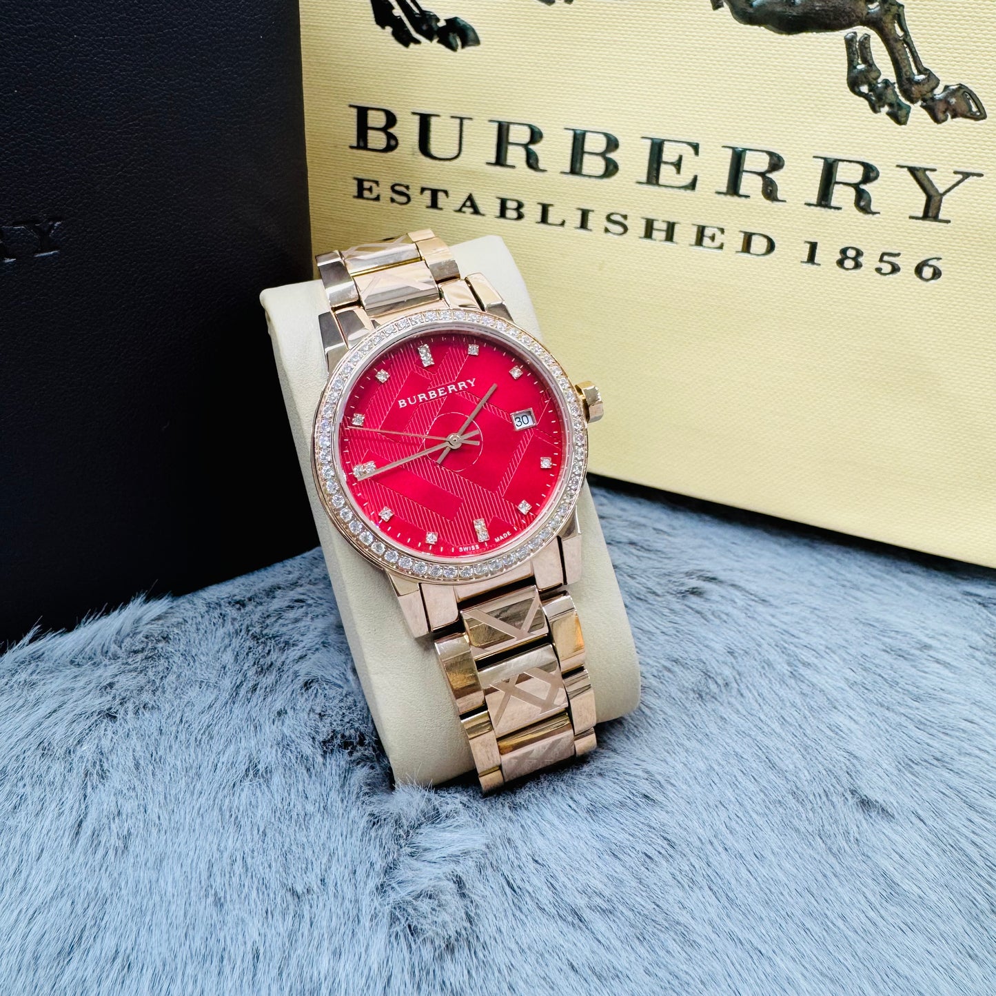 Burberry BU9146 Quartz Rose Gold Tone Red Dial Stainless Steel Chain Ladies Watch