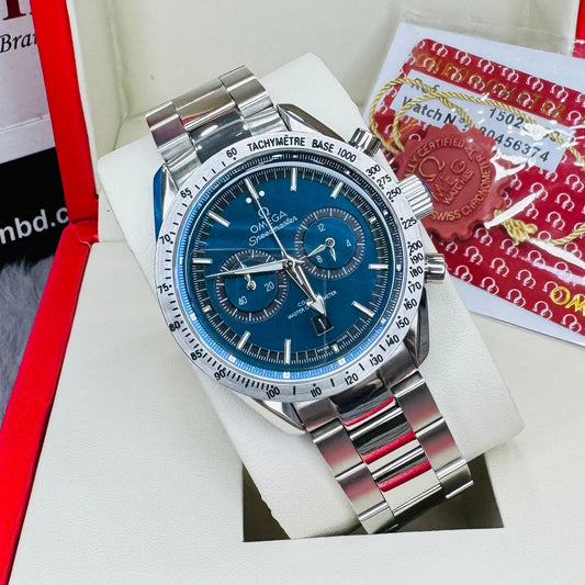 Omega Speedmaster 57 Chronograph Automatic Blue Dial Stainless Steel Chain Men's Watch