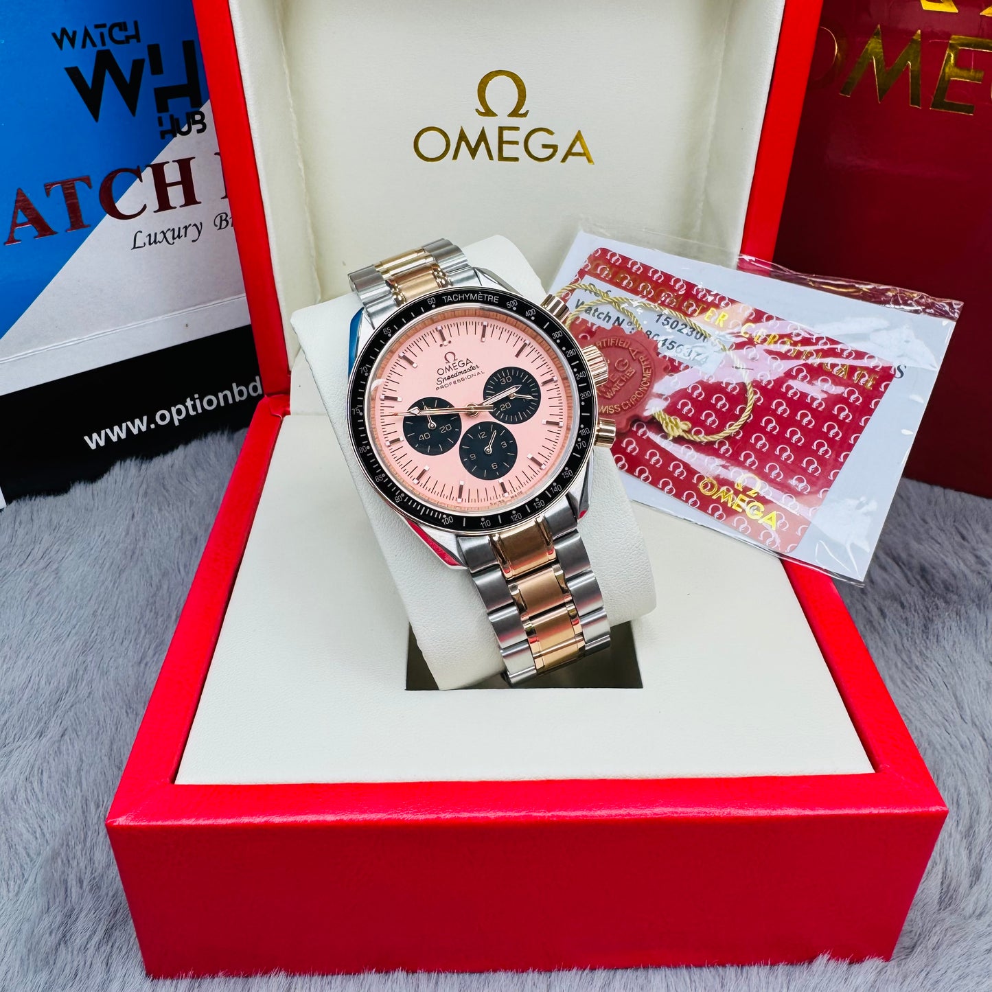 Omega Speedmaster Moonwatch Professional Chronometer Automatic Pink Dial Stainless Steel Chain Men's Watch
