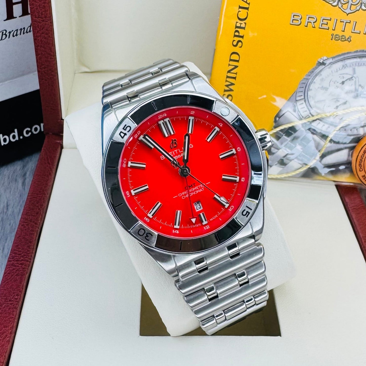 Breitling Chronomat GMT Automatic Red Dial Semi Swiss Grade Stainless Steel Chain Men's Watch