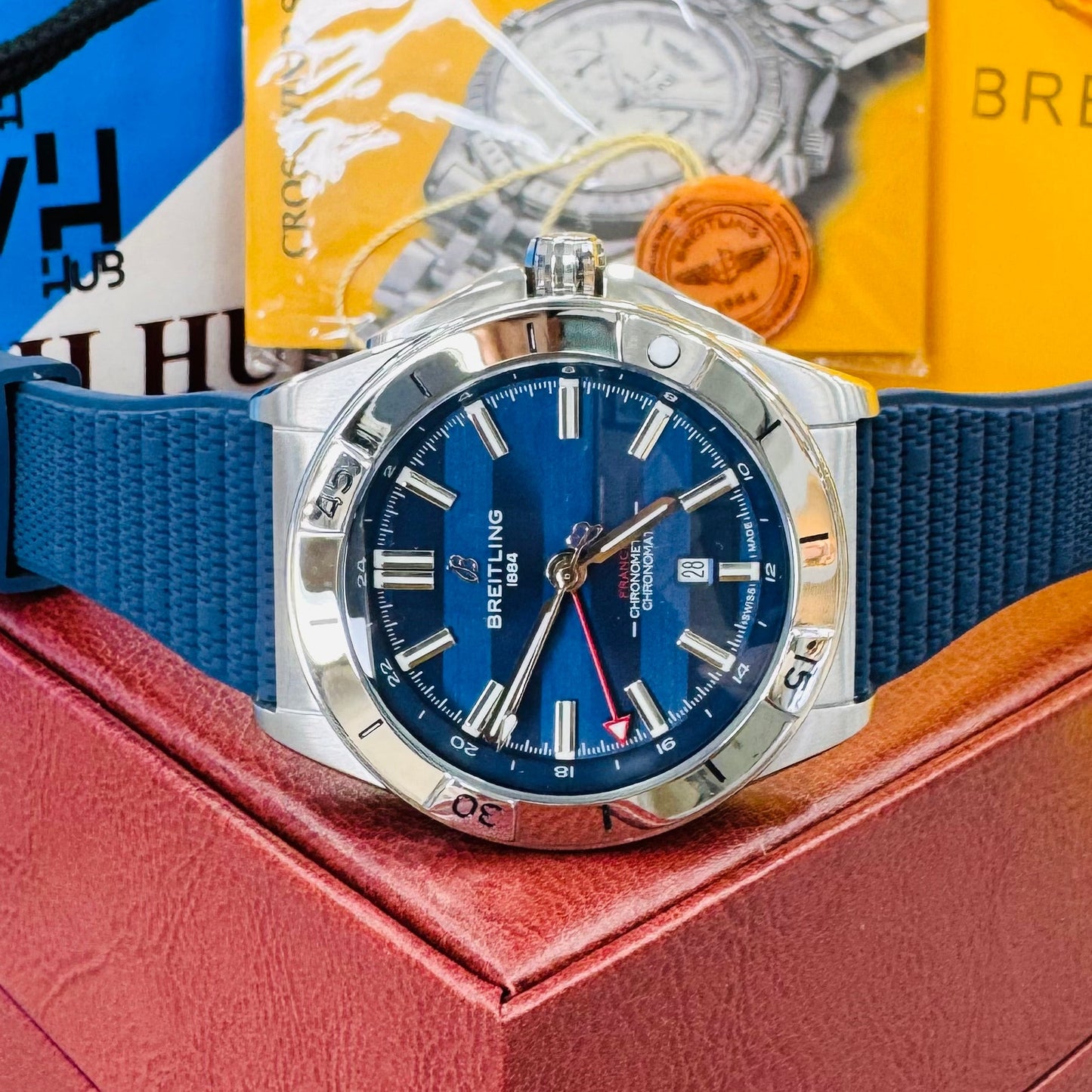 Breitling Chronomat GMT Automatic Blue Dial Semi Swiss Grade Stainless Steel Silicon Strap Men's Watch