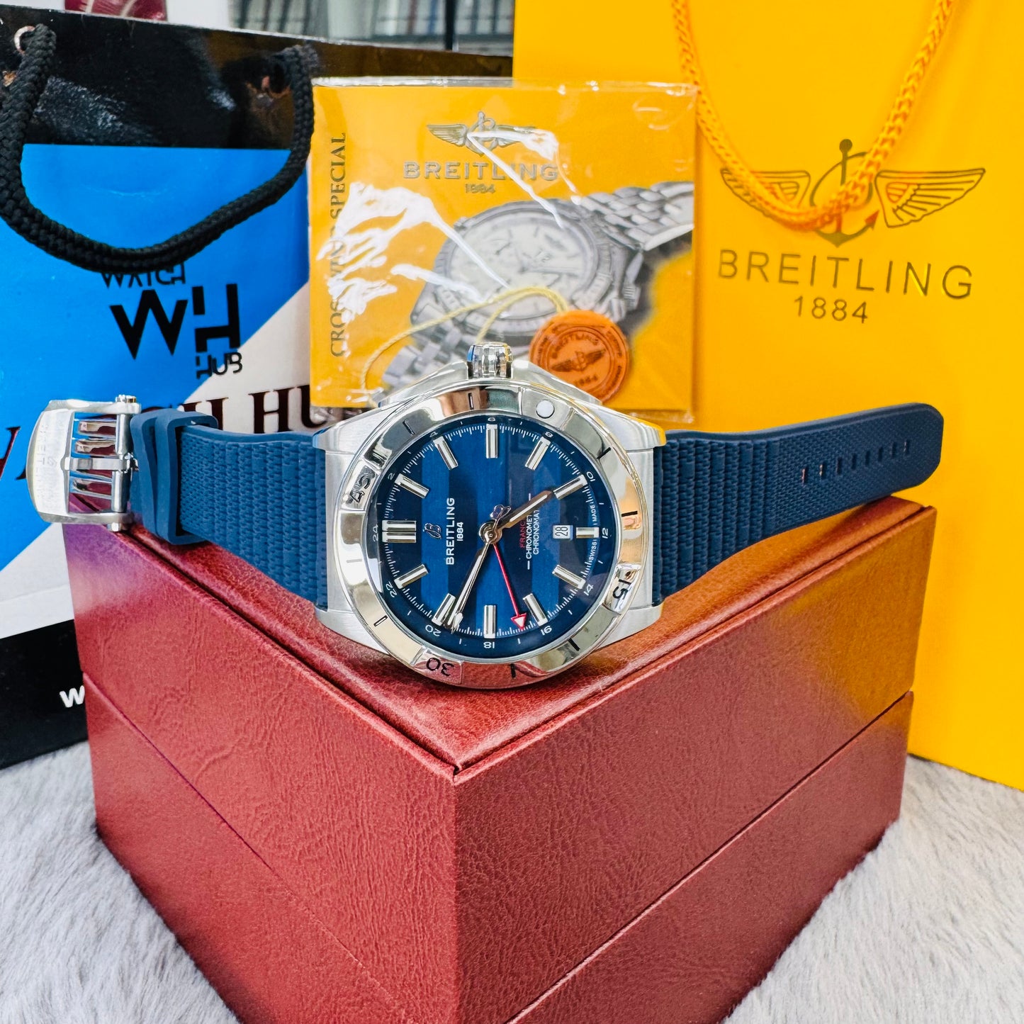 Breitling Chronomat GMT Automatic Blue Dial Semi Swiss Grade Stainless Steel Silicon Strap Men's Watch