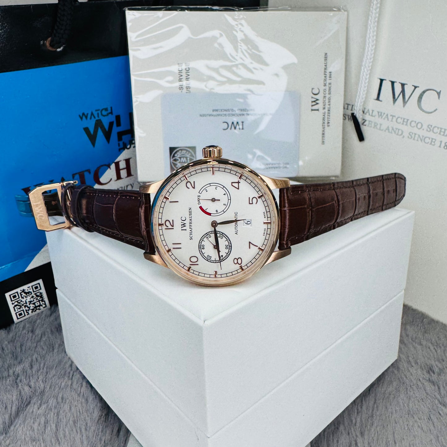 IWC "Portuguese" Automatic White Dial Rose Gold Case Tone Genuine Leather Strap Men’s Watch