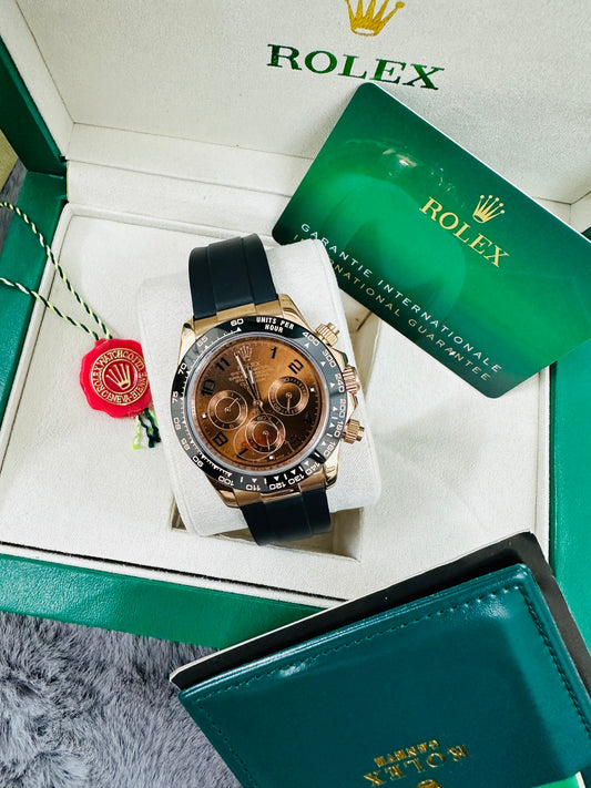 Rolex Daytona Rose Gold Case Chocolate Dial Automatic Stainless Steel Silicone Strap Men’s Watch