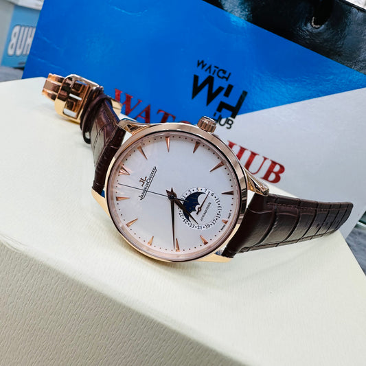 JAEGER LECOULTRE Master Ultra Thin Moon Rose Gold Case Automatic Genuine Leather Strap Men’s Watch