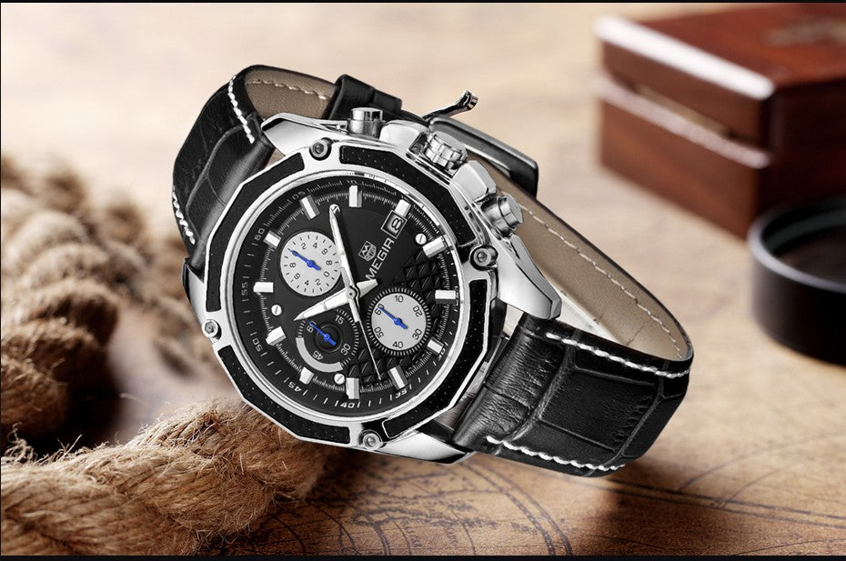 Megir M2015 Chronograph Black Genuine Leather Strap Men’s watch