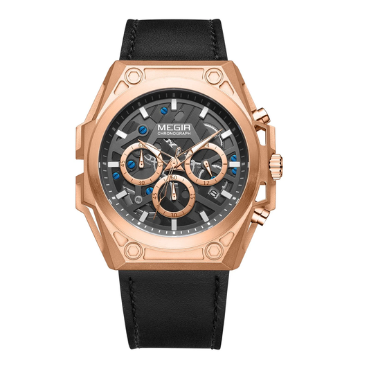 Megir M-4220 Quartz Chronograph Black Genuine Leather Strap Men’s watch