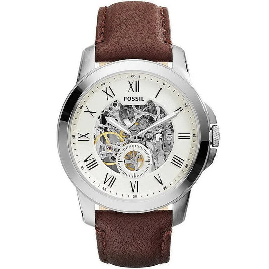 Fossil Grant ME3052 Automatic Skeleton Cream Dial Stainless Steel Genuine Leather Men’s Watch