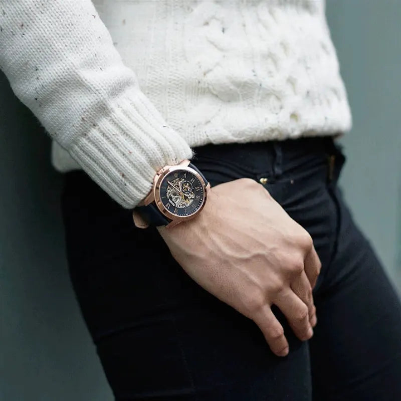 Fossil Grant ME3054 Skeleton Automatic Rose Gold-Tone Genuine Leather Men’s Watch