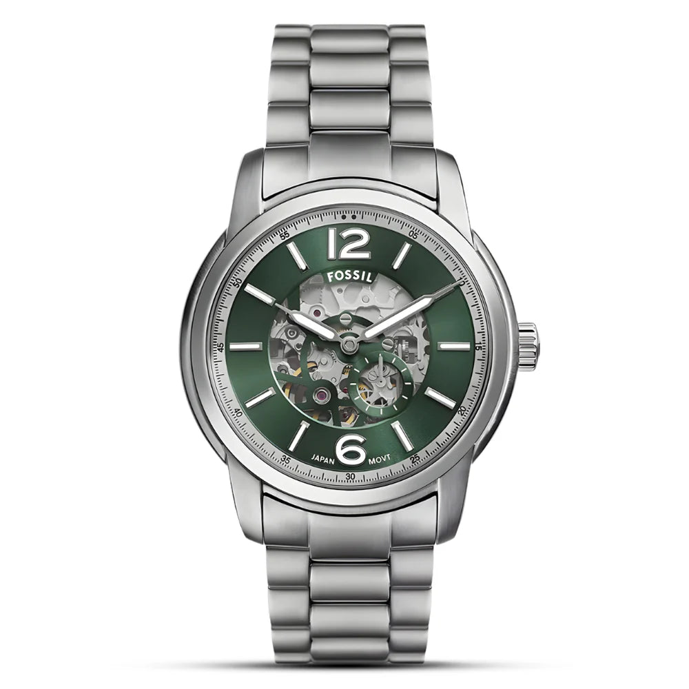Fossil Heritage ME3262 Automatic Skeleton Green Dial Stainless Steel Chain Men’s Watch