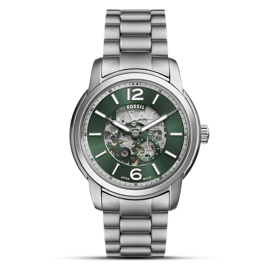 Fossil Heritage ME3262 Automatic Skeleton Green Dial Stainless Steel Chain Men’s Watch