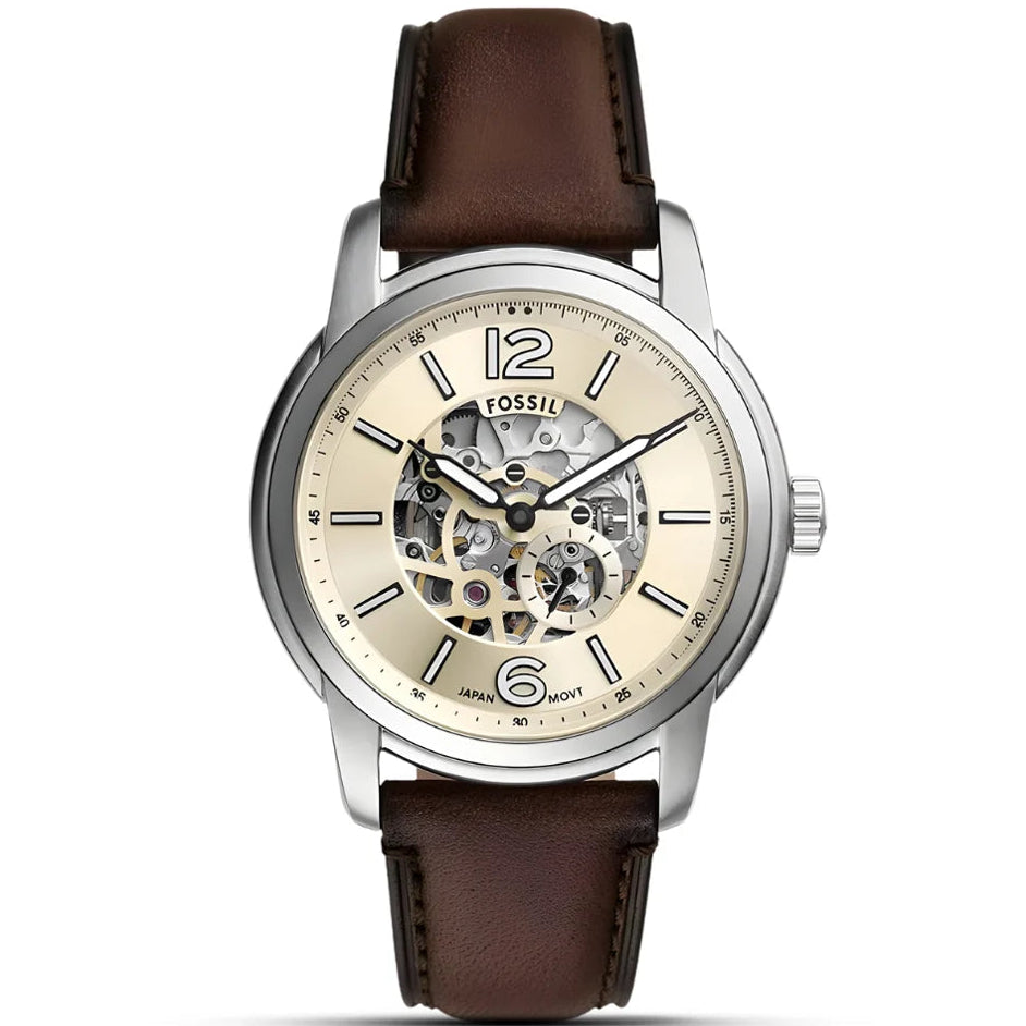 Fossil Heritage ME3264 Automatic Skeleton Off-white Dial Genuine Leather Strap Men’s Watch
