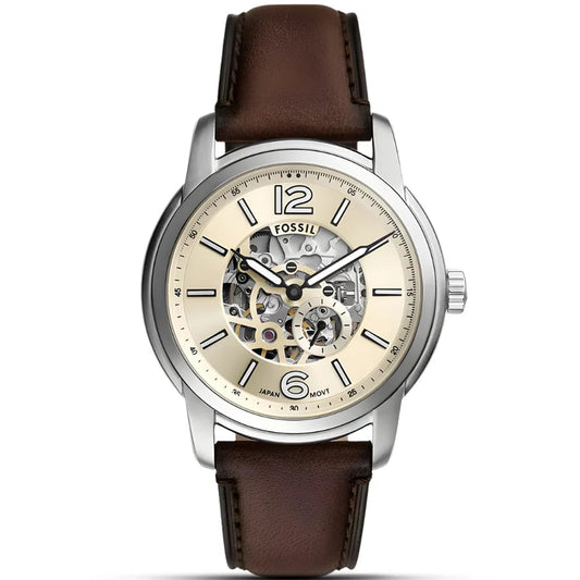 Fossil Heritage ME3264 Automatic Skeleton Off-white Dial Genuine Leather Strap Men’s Watch