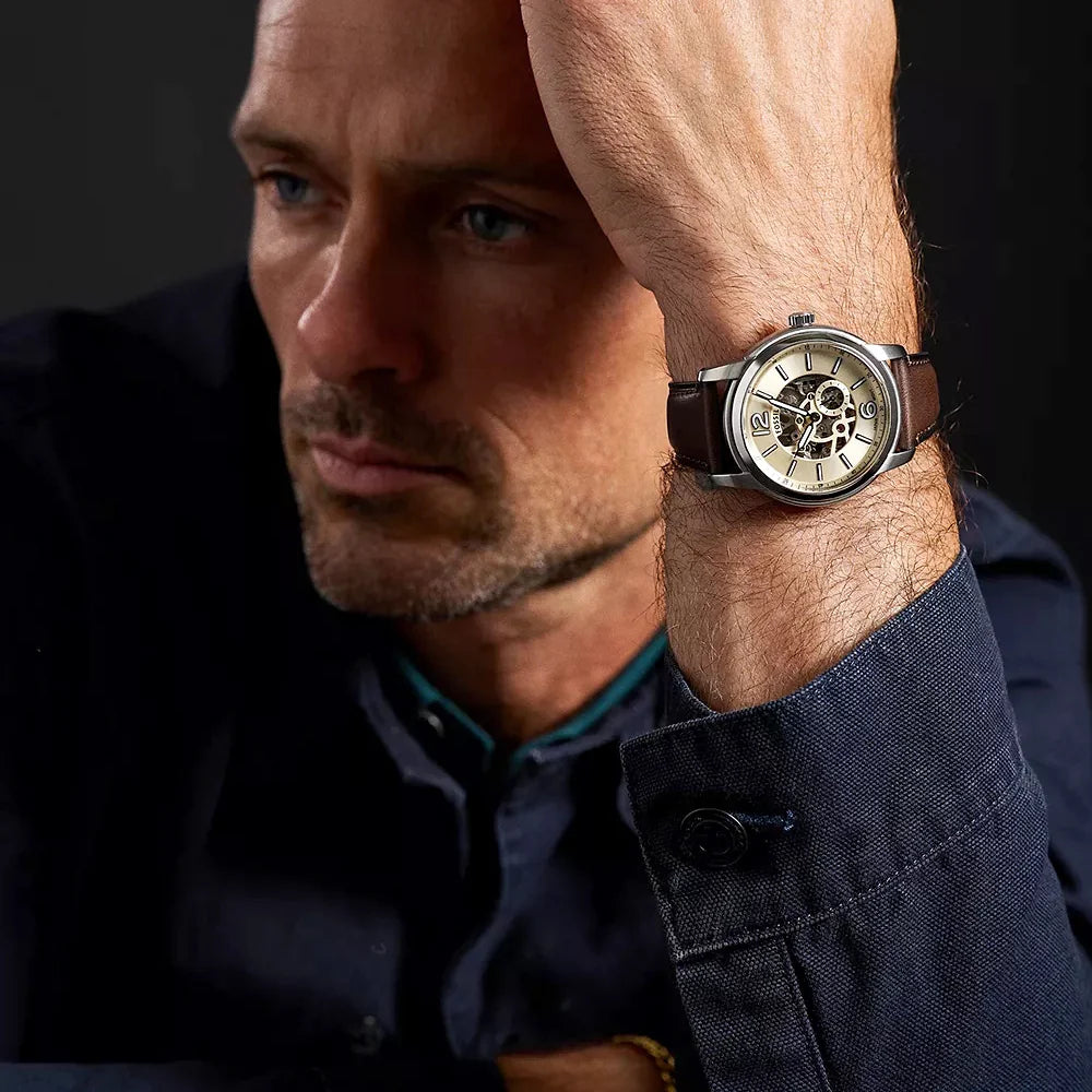 Fossil Heritage ME3264 Automatic Skeleton Off-white Dial Genuine Leather Strap Men’s Watch