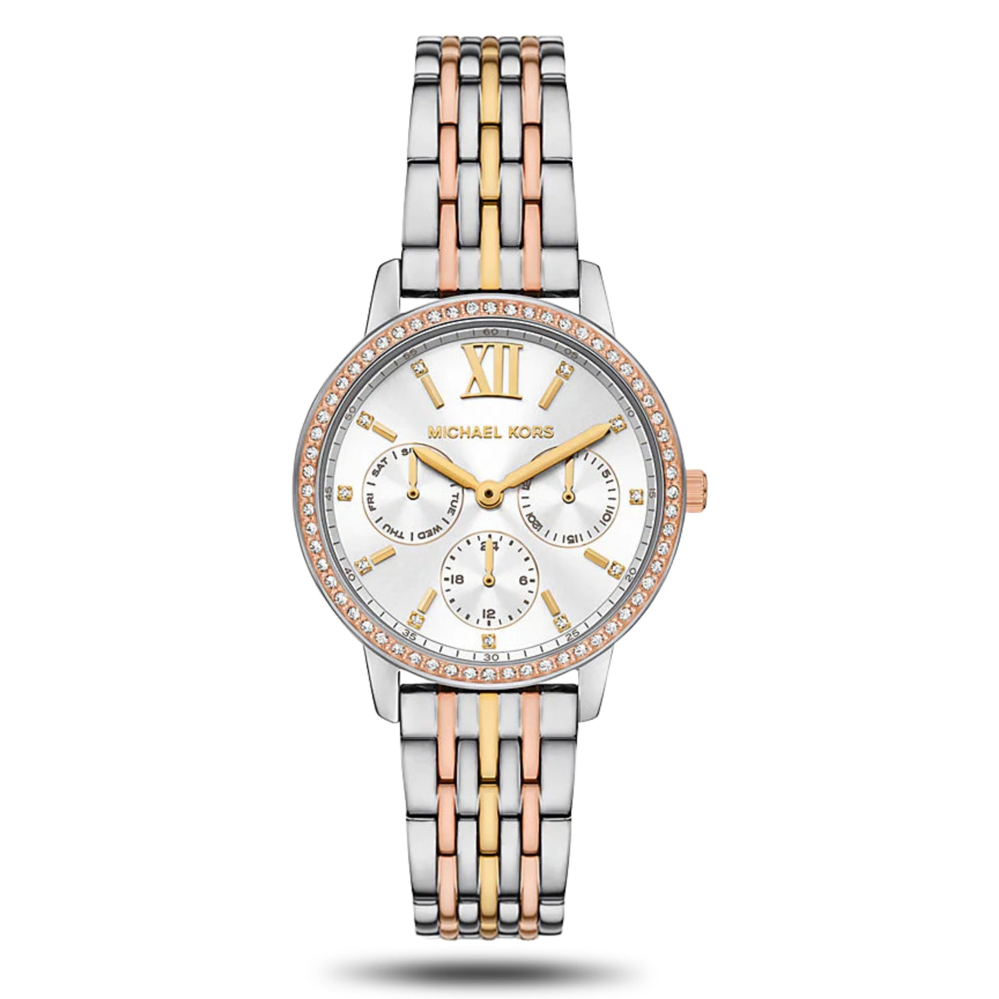 Michael Kors Melissa MKO1117 Chronograph Quartz Tri-Tone White Pavé Dial Stainless Steel Chain Ladies Watch