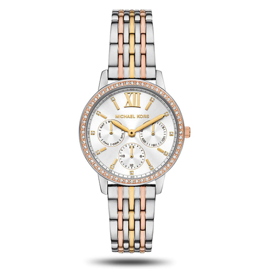 Michael Kors Melissa MKO1117 Chronograph Quartz Tri-Tone White Pavé Dial Stainless Steel Chain Ladies Watch