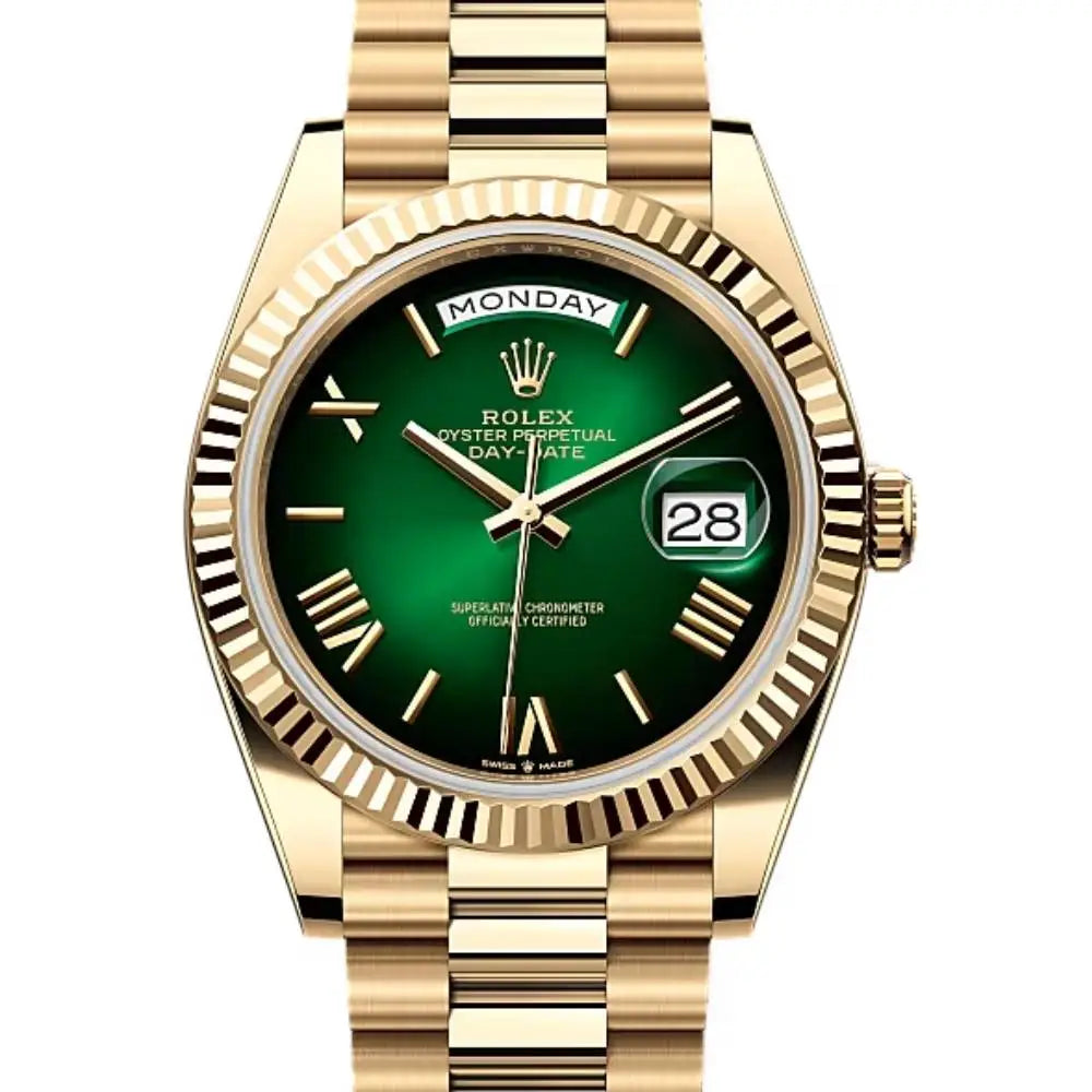 Rolex Day-Date 228238-0069 Yellow Gold Fluted Bezel Green Dial 40mm Swiss 1:1 Mirror Grade Men’s Watch