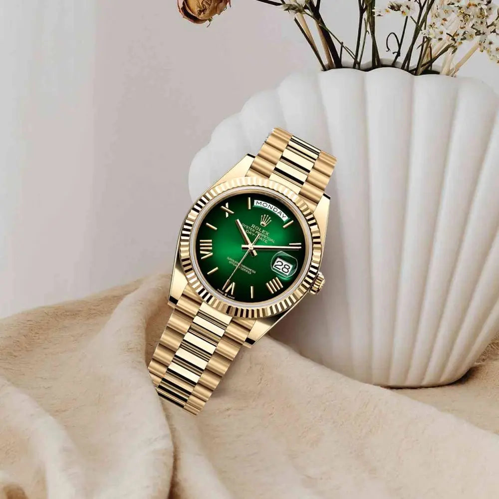 Rolex Day-Date 228238-0069 Yellow Gold Fluted Bezel Green Dial 40mm Swiss 1:1 Mirror Grade Men’s Watch
