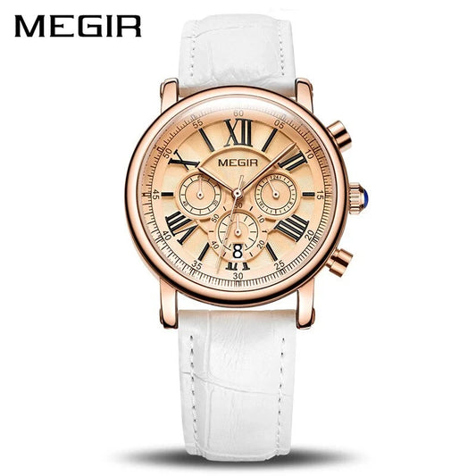 Megir ML2058LREWE-0N0 Chronograph Quartz White Genuine Leather Strap Women’s watch
