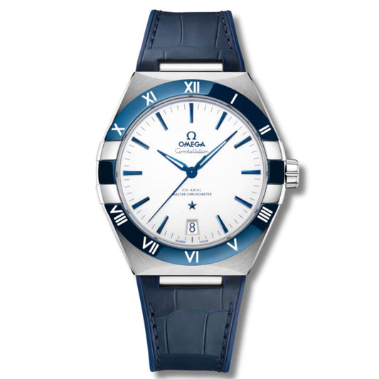 Omega Constellation Silver-Blue Tone Automatic Stainless Steel Leather Strap Euro Grade Men's Watch