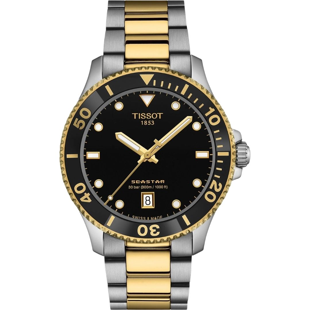 Tissot Seastar 1000 T-Sport Black Dial Quartz Silver-Gold Tone Stainless Steel Chain Men’s Watch