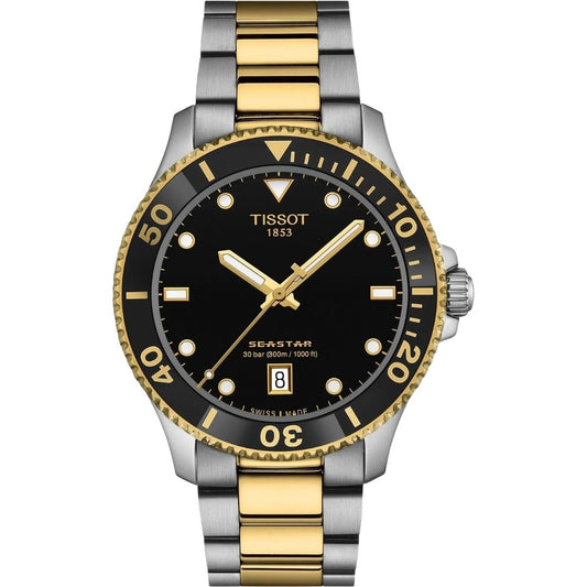Tissot Seastar 1000 T-Sport Black Dial Quartz Silver-Gold Tone Stainless Steel Chain Men’s Watch