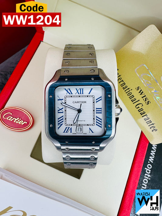 Cartier Santos Automatic Stainless Steel Silver Case White Dial Blue Bezel Men’sChain Watch
