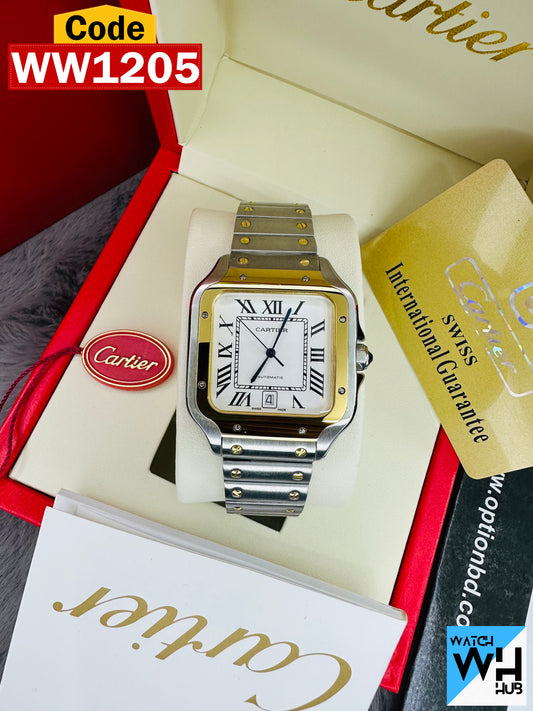 Cartier Santos Automatic Stainless Steel Silver Case White Dial Gold Color Bezel Men’sChain Watch