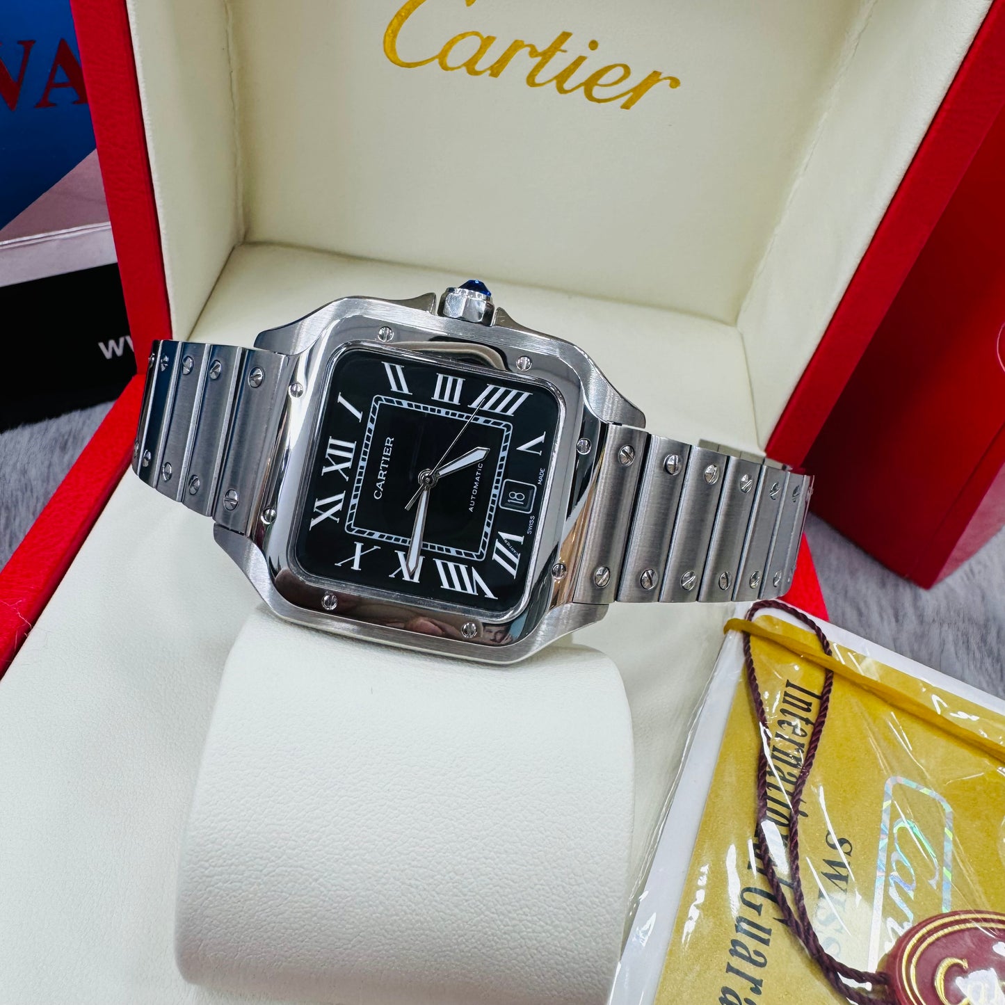 Cartier Santos Automatic Stainless Steel Silver Case Black Dial Men’s Chain Watch