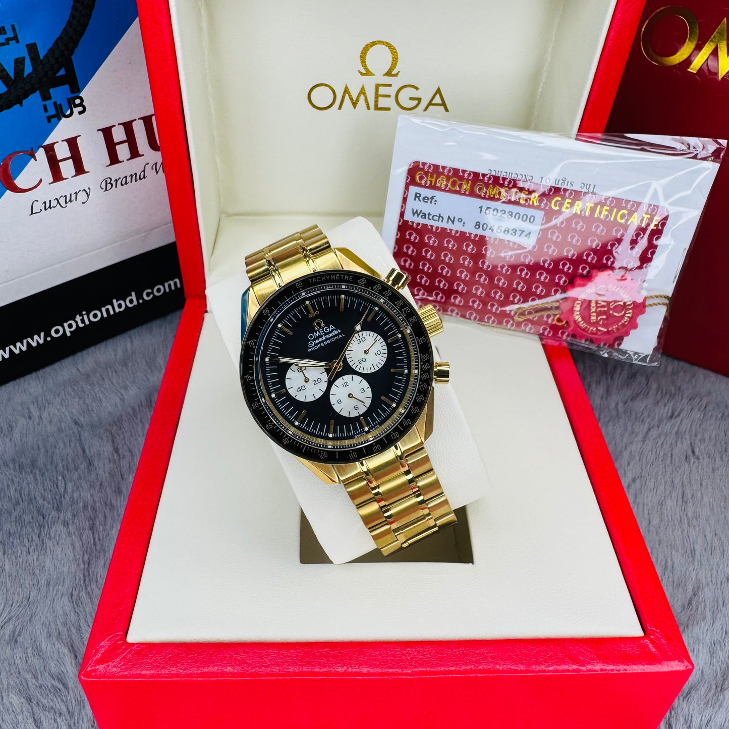 Omega Speedmaster Reverse Panda Chronometer Automatic Golden Tone Stainless Steel Chain Men's Watch